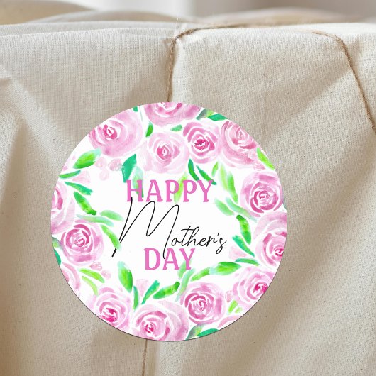 Waterverf Roze Rozen Groene bladeren Moederdag Ronde Sticker