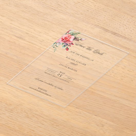 Waterverf Roze Rozen & Kalligrafie Save the Date Acryl Uitnodigingen (Laagn)