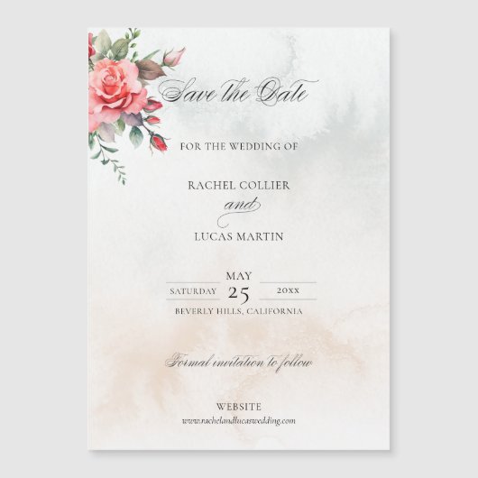 Waterverf Roze Rozen & Kalligrafie Save the Date Magnetische Uitnodiging (Voorkant)