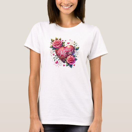 Waterverf roze rozen krans rood hart Beste Mam T-shirt (Voorkant)