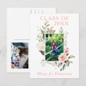 Waterverf Roze Rozen Lijst Twee Foto Afstuderen Aankondigingskaart (Voorkant / Achterkant)