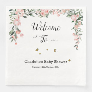 Waterverf Roze Rozen met Vlinders Baby Shower Servet