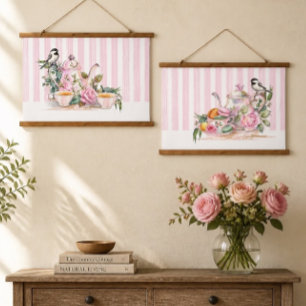 Waterverf Roze Rozen Middagthee voor Vogelliefhebb Hangend Wandkleed