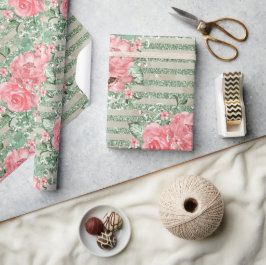 Waterverf Roze Rozen op Groene Glitter Strepen Cadeaupapier