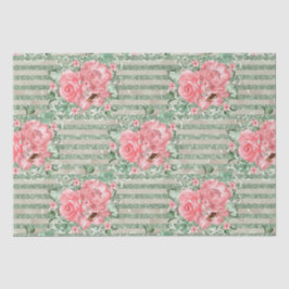 Waterverf Roze Rozen op Groene Glitter Strepen Tissuepapier