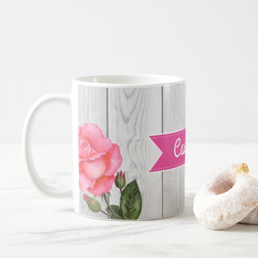 Waterverf roze rozen op Rustic Grey Wood Board Koffiemok (Met donut)