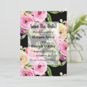 Waterverf roze rozen op zwart sparen de Datum Kaart (Staand voorkant)