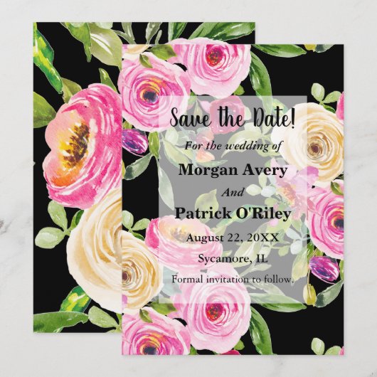 Waterverf roze rozen op zwart sparen de Datum Kaart (Voorkant / Achterkant)