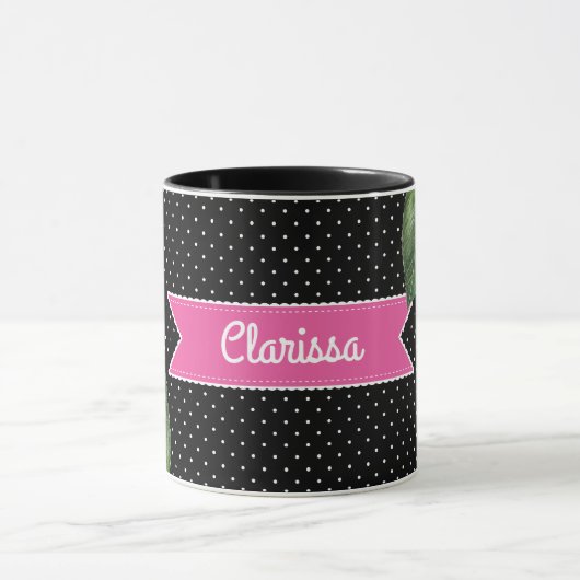 Waterverf roze rozen op zwarte witte pooldots mok (Midden)