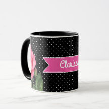 Waterverf roze rozen op zwarte witte pooldots