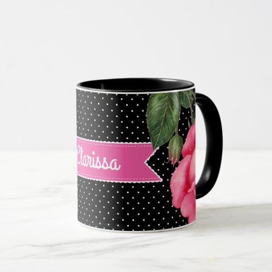 Waterverf roze rozen op zwarte witte pooldots mok (Voorkant rechts)