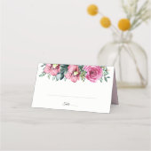 Waterverf roze rozen orchideeën bloemenbruiloft plaatskaartje (Voorkant)