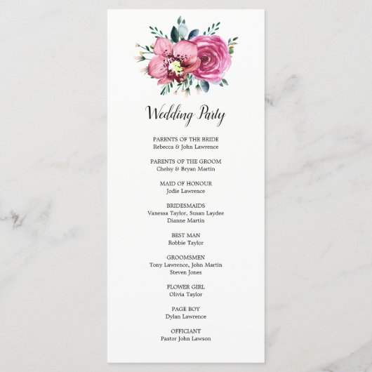 Waterverf Roze Rozen Orchideeën Trouwceremonie Programmakaart (Achterkant)