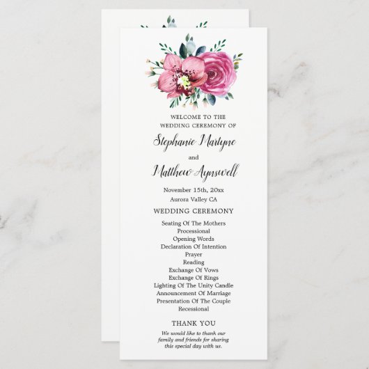 Waterverf Roze Rozen Orchideeën Trouwceremonie Programmakaart (Voorkant / Achterkant)