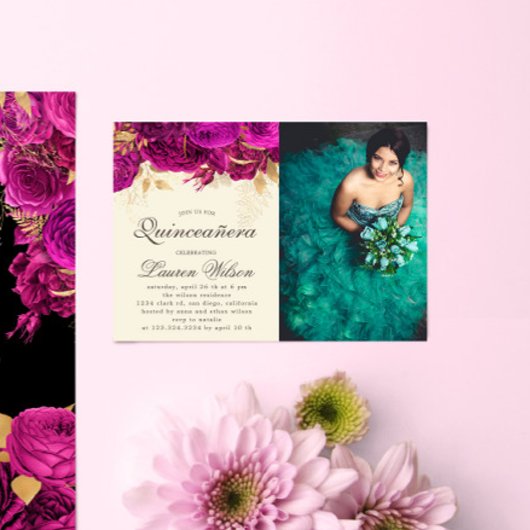 Waterverf Roze Rozen Quinceanera Fotouitnodiging Kaart