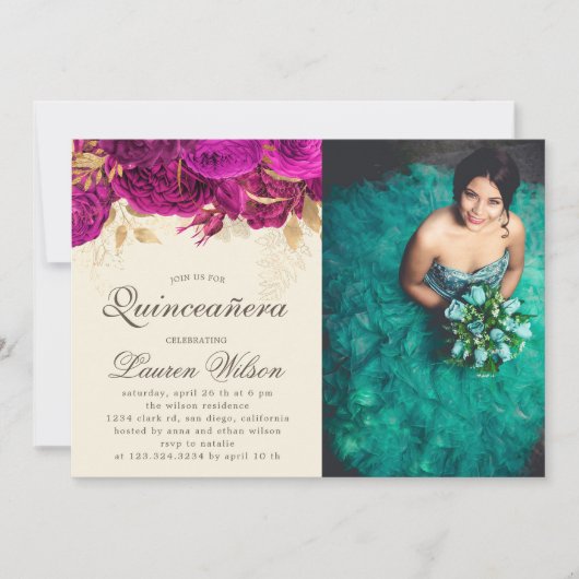 Waterverf Roze Rozen Quinceanera Fotouitnodiging Kaart (Voorkant)