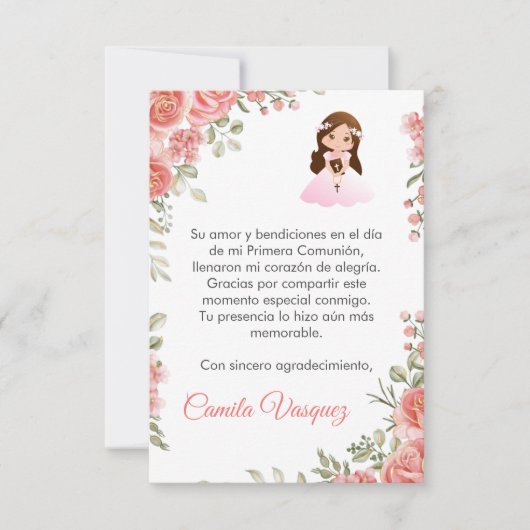 Waterverf Roze Rozen Schattige Eerste Communie Bedankkaart (Voorkant)