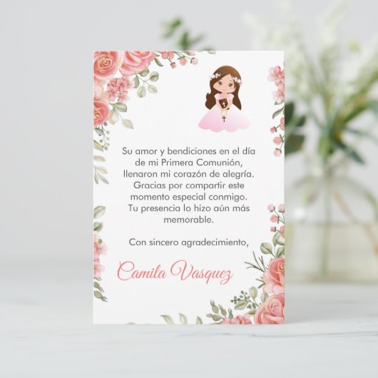 Waterverf Roze Rozen Schattige Eerste Communie Bedankkaart (Staand voorkant)