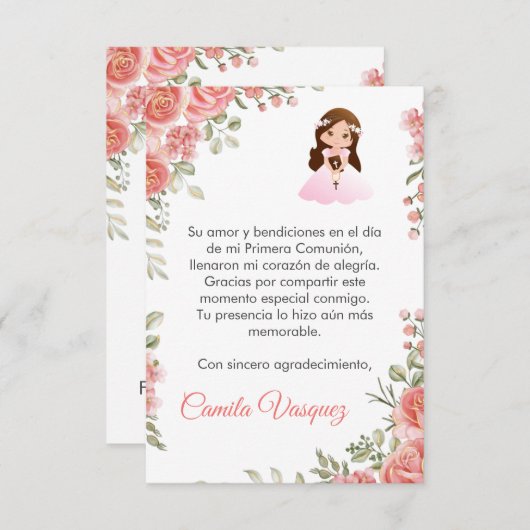 Waterverf Roze Rozen Schattige Eerste Communie Bedankkaart (Voorkant / Achterkant)