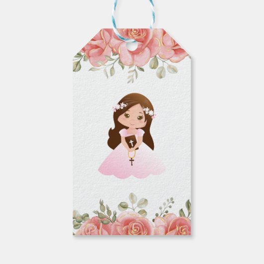 Waterverf Roze Rozen Schattige Primera Comunion Cadeaulabel (Achterkant)