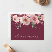 Waterverf Roze Rozen Script Bordeaux Wijn Notitiekaartje (Voorkant / Achterkant in situ)