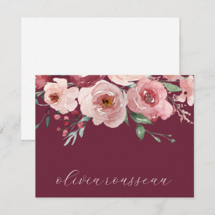 Waterverf Roze Rozen Script Bordeaux Wijn Notitiekaartje