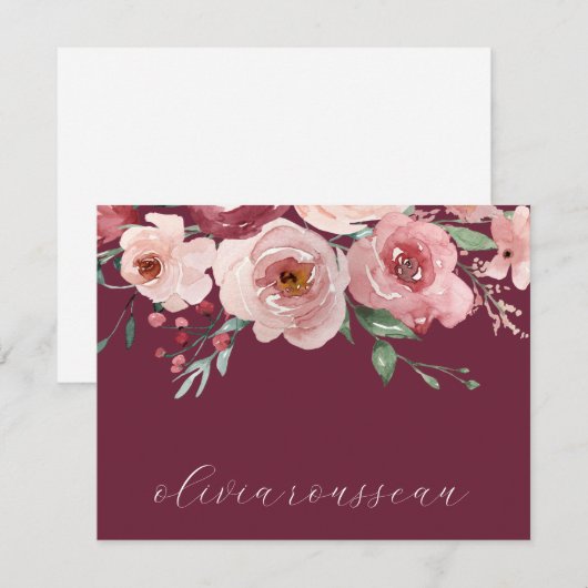 Waterverf Roze Rozen Script Bordeaux Wijn Notitiekaartje (Voorkant / Achterkant)