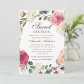 Waterverf roze rozen Sweet 16. Bloementuin Kaart (Staand voorkant)