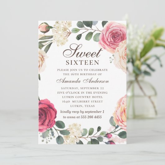 Waterverf roze rozen Sweet 16. Bloementuin Kaart (Staand voorkant)