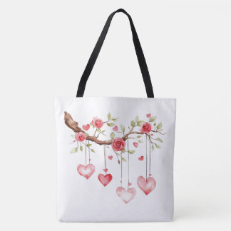 Waterverf Roze Rozen Tak Met Hangende Hartjes Tote Bag