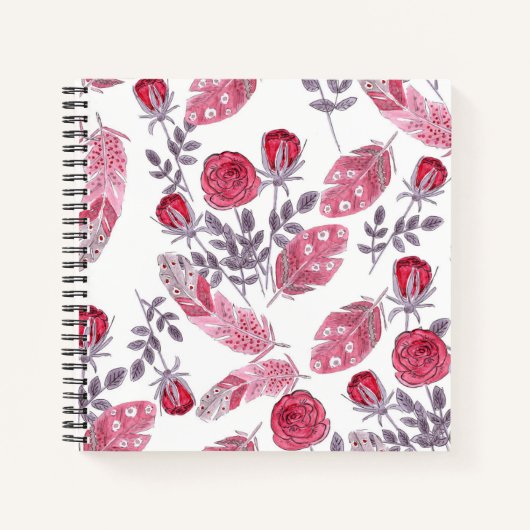 Waterverf roze rozen veren wit notitieboek (Voorkant)