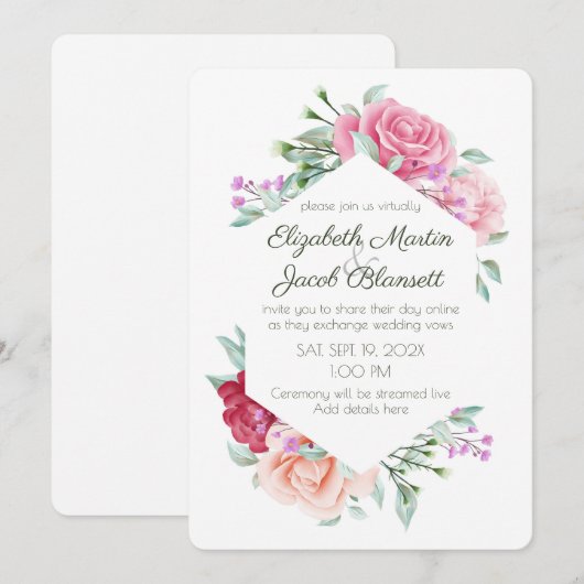 Waterverf roze rozen & Violets virtueel huwelijk Kaart (Voorkant / Achterkant)