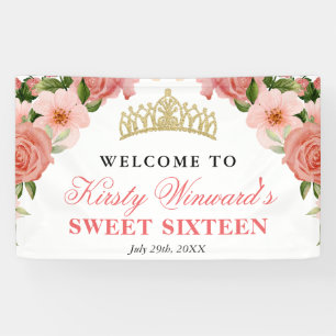 Waterverf Roze Rozen Welkom Sweet Sixteen Spandoek