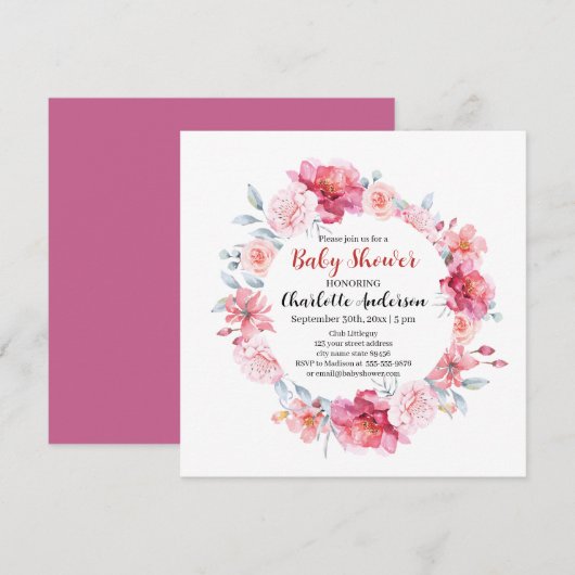 Waterverf Roze Rozen Wildflower Boho Baby shower Kaart (Voorkant / Achterkant)