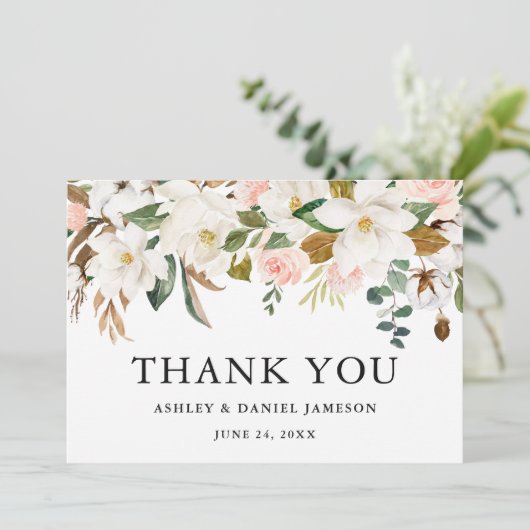 Waterverf Roze Rozen Wit Magnolias Bruiloft Bedankkaart (Staand voorkant)