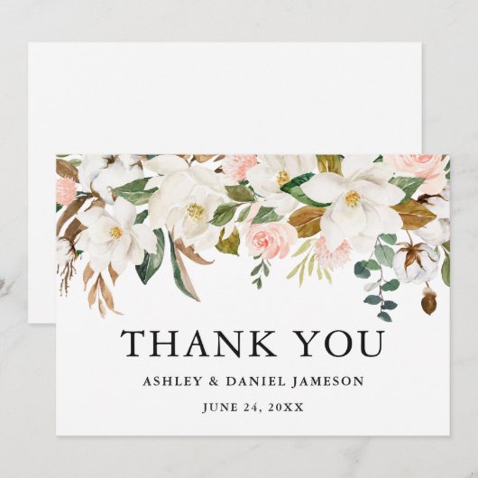 Waterverf Roze Rozen Wit Magnolias Bruiloft Bedankkaart (Voorkant / Achterkant)