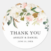 Waterverf Roze Rozen Wit Magnolias Bruiloft Ronde Sticker (Voorkant)