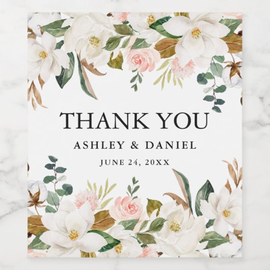 Waterverf Roze Rozen Wit Magnolias Bruiloft Wijn Etiket (Enkel label)