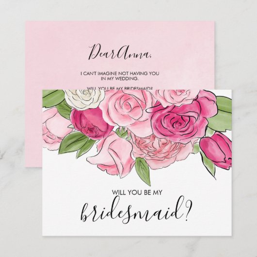 Waterverf roze rozen zijn mijn bruidsmeisje Kaart (Voorkant / Achterkant)