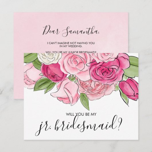 Waterverf roze rozen zijn mijn JR Bridesmaid Brief Uitnodiging Briefkaart (Voorkant / Achterkant)