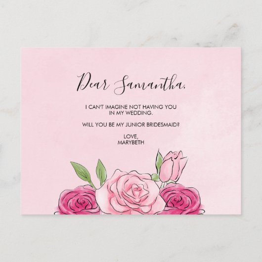 Waterverf roze rozen zijn mijn JR Bridesmaid Brief Uitnodiging Briefkaart (Achterkant)