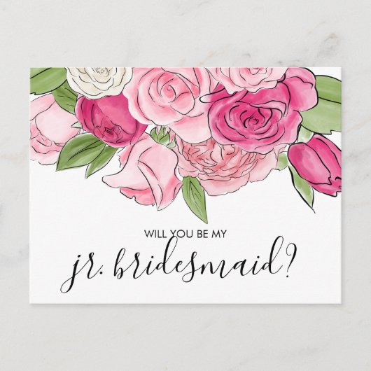 Waterverf roze rozen zijn mijn JR Bridesmaid Brief Uitnodiging Briefkaart (Voorkant)