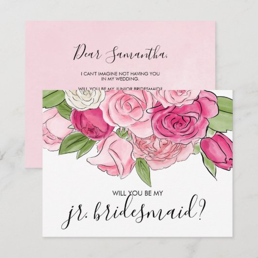 Waterverf roze rozen zijn mijn Jr. Bridesmaid Kaar Kaart (Voorkant / Achterkant)