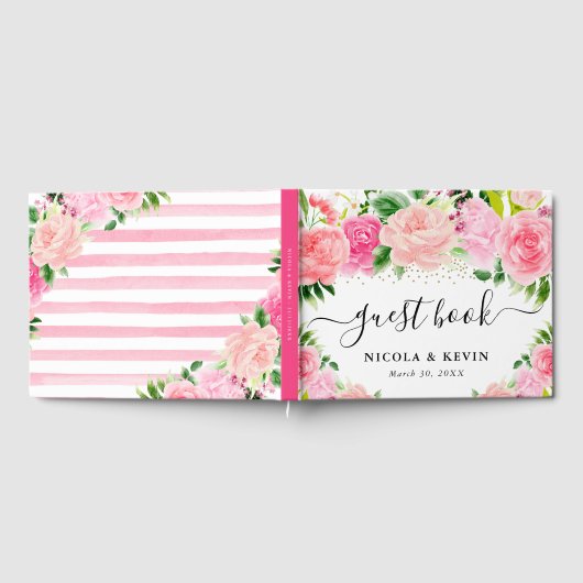 Waterverf Roze Rozen Zomerbloemen Bruiloft Gastenboek (Volledig)