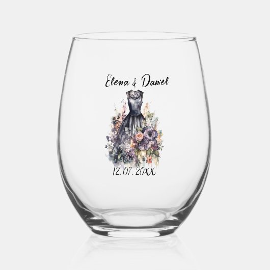 Waterverf roze rozen zwarte trouwjurk wijnglas zonder voet (Voorkant)