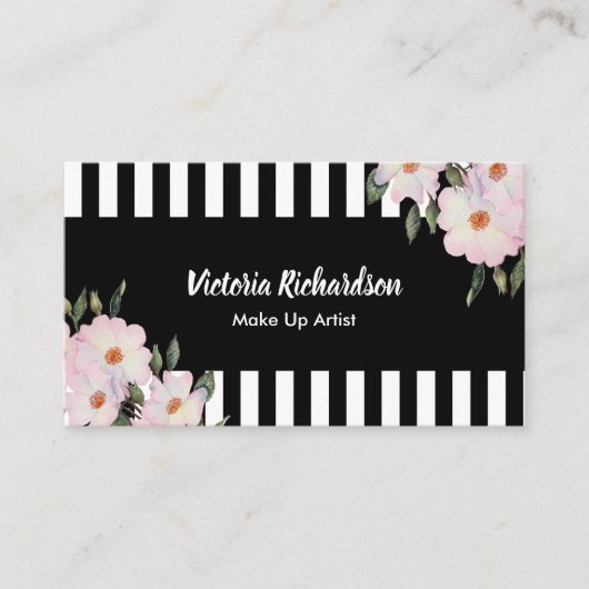 Waterverf roze rozen zwarte witte strepen schilder visitekaartje (Voorkant)