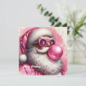 Waterverf roze Santa blaast roze bubble gum Feestdagenkaart (Staand voorkant)