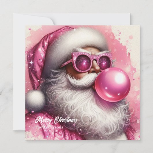 Waterverf roze Santa blaast roze bubble gum Feestdagenkaart (Voorkant)