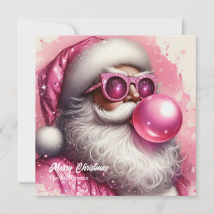 Waterverf roze Santa blaast roze bubble gum Feestdagenkaart
