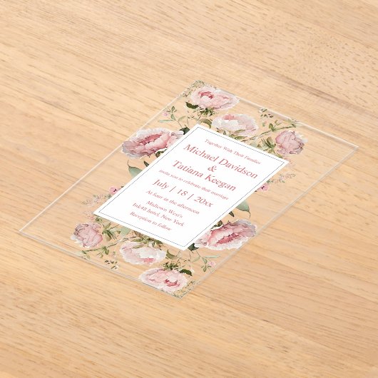 waterverf Roze Script Bloemen Bloom Wedding Acryl Uitnodigingen (Laagn)